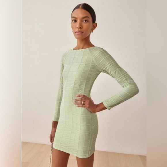 Reformation Dresses & Skirts - Reformation Dee Dress Mint Green Textured Mini Long Sleeve NWT Size L
